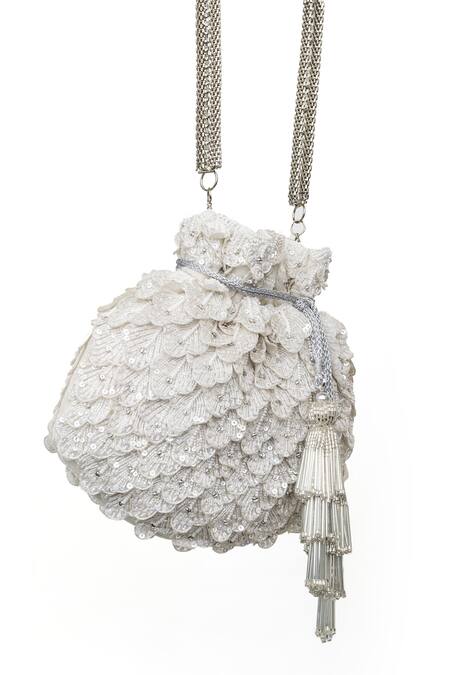 SG Collection By Sonia Gulrajani_Ivory Embroidered 3d Pearl Embellished Scalloped Pattern Potli _Online_at_Aza_Fashions