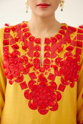 Kora Gold Silk, Cotton, Chanderi Applique, Sequins, Embroidery, Tassels Kurta Set at Aza Fashions Kora_Gold Silk, Cotton, Chanderi Applique, Sequins, Embroidery, Tassels Kurta Set _at_Aza_Fashions