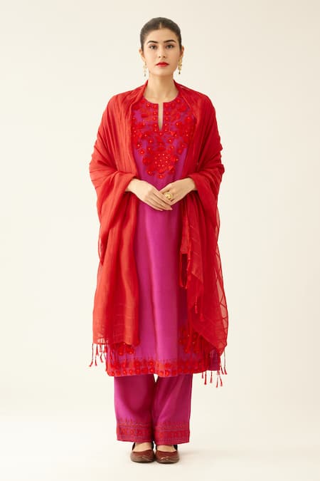 KORA Silk Chanderi Floral Applique Embroidered Kurta Set 