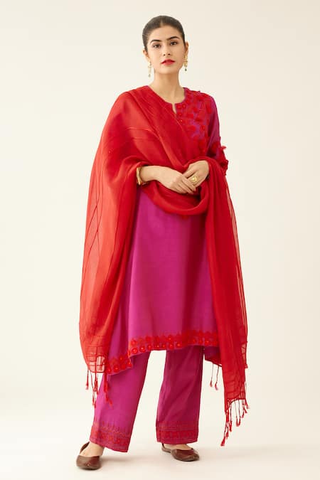 KORA Silk Chanderi Embroidered Kurta Set 