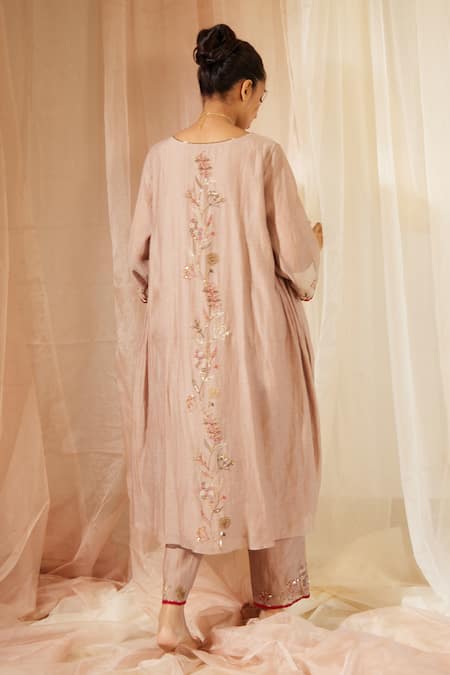 Shop Sarang Kaur Grey Chanderi Silk Embroidery Round Neck Hand Kurta With Pant at Aza Fashions Shop_Sarang Kaur_Grey Chanderi Silk Embroidery Round Neck Hand Kurta With Pant _at_Aza_Fashions