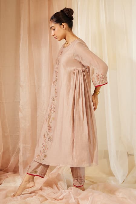 Buy Sarang Kaur Grey Chanderi Silk Embroidery Round Neck Hand Kurta With Pant Online at Aza Fashions Buy_Sarang Kaur_Grey Chanderi Silk Embroidery Round Neck Hand Kurta With Pant _Online_at_Aza_Fashions