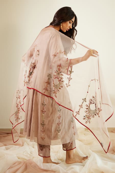 Shop_Sarang Kaur_Grey Organza, Silk Embroidery Vrinda Hand Dupatta _at_Aza_Fashions