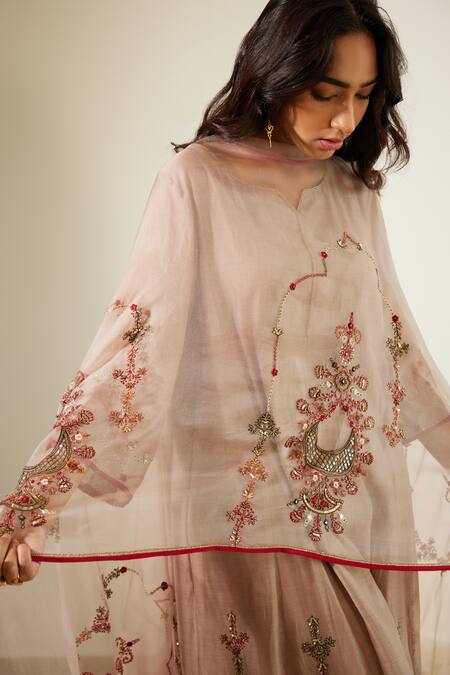 Sarang Kaur_Grey Organza, Silk Embroidery Vrinda Hand Dupatta _Online_at_Aza_Fashions