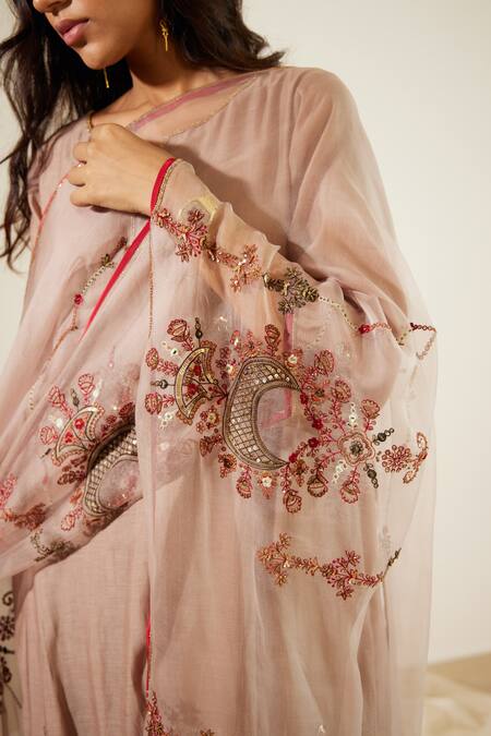 Shop_Sarang Kaur_Grey Organza, Silk Embroidery Vrinda Hand Dupatta _Online_at_Aza_Fashions