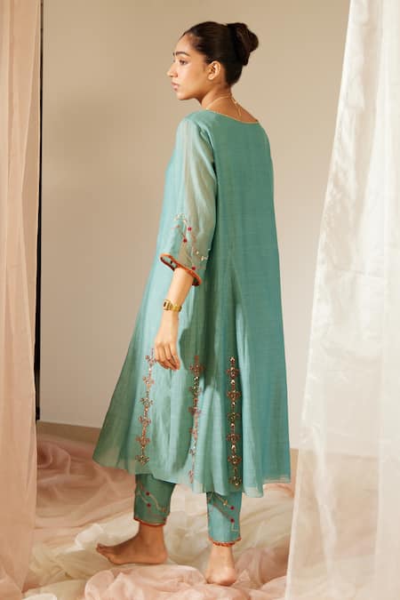 Shop Sarang Kaur Blue Chanderi Silk Embroidery Split Vrinda Placement Hand Kurta With Pant at Aza Fashions Shop_Sarang Kaur_Blue Chanderi Silk Embroidery Split Vrinda Placement Hand Kurta With Pant _at_Aza_Fashions