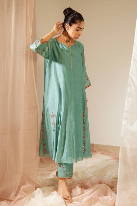 Buy Sarang Kaur Blue Chanderi Silk Embroidery Split Vrinda Placement Hand Kurta With Pant Online at Aza Fashions Buy_Sarang Kaur_Blue Chanderi Silk Embroidery Split Vrinda Placement Hand Kurta With Pant _Online_at_Aza_Fashions