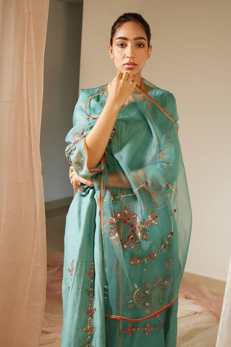 Shop Sarang Kaur Blue Organza, Silk Embroidery Vrinda Floral Hand Dupatta Online at Aza Fashions Shop_Sarang Kaur_Blue Organza, Silk Embroidery Vrinda Floral Hand Dupatta _Online_at_Aza_Fashions