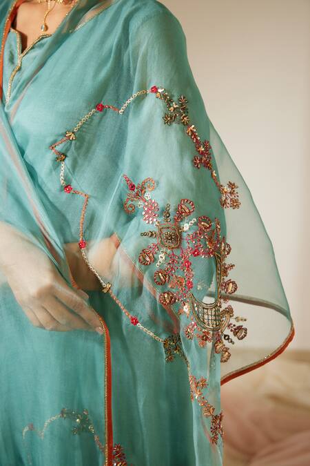 Sarang Kaur Blue Organza, Silk Embroidery Vrinda Floral Hand Dupatta at Aza Fashions Sarang Kaur_Blue Organza, Silk Embroidery Vrinda Floral Hand Dupatta _at_Aza_Fashions