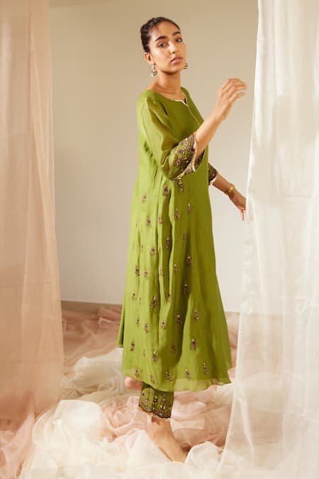 Buy Sarang Kaur Green Chanderi Silk Sequins, Mirrors, Embroidery Poornima Kurta And Pant Set Buy_Sarang Kaur_Green Chanderi Silk Sequins, Mirrors, Embroidery Poornima Kurta And Pant Set
