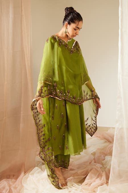 Buy Sarang Kaur Green Organza, Silk Sequins, Mirrors Poornima Hand Embroidered Dupatta Online at Aza Fashions Buy_Sarang Kaur_Green Organza, Silk Sequins, Mirrors Poornima Hand Embroidered Dupatta _Online_at_Aza_Fashions