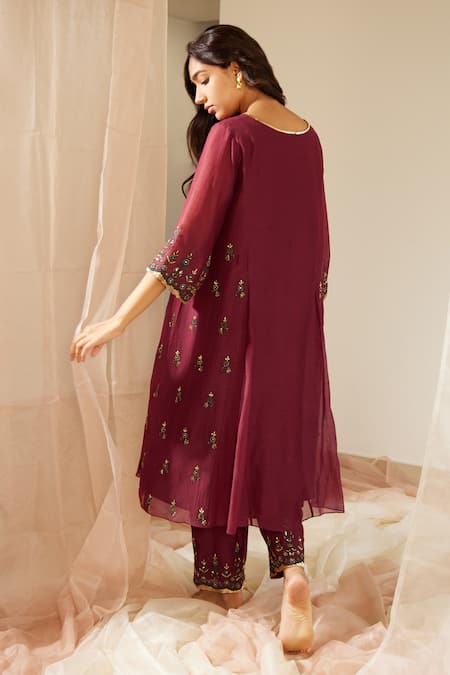 Shop_Sarang Kaur_Purple Chanderi Silk Sequins, Embroidery Round Poornima Thread Kurta And Pant Set _at_Aza_Fashions