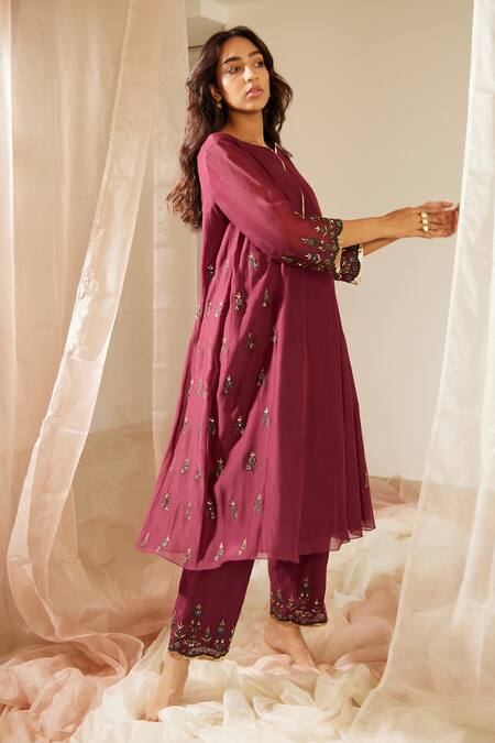 Buy_Sarang Kaur_Purple Chanderi Silk Sequins, Embroidery Round Poornima Thread Kurta And Pant Set _Online_at_Aza_Fashions
