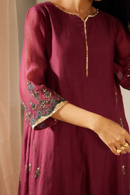 Shop_Sarang Kaur_Purple Chanderi Silk Sequins, Embroidery Round Poornima Thread Kurta And Pant Set _Online_at_Aza_Fashions