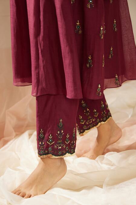 Sarang Kaur_Purple Chanderi Silk Sequins, Embroidery Round Poornima Thread Kurta And Pant Set _at_Aza_Fashions