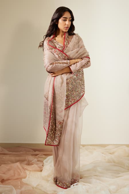 Sarang Kaur_Grey Organza, Gulaal Embroidered Bordered Saree With Unstitched Blouse Piece _Online_at_Aza_Fashions