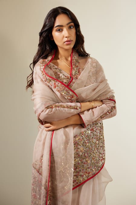 Buy_Sarang Kaur_Grey Organza, Gulaal Embroidered Bordered Saree With Unstitched Blouse Piece _Online_at_Aza_Fashions