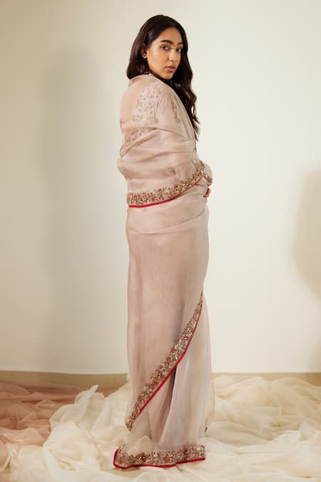 Shop_Sarang Kaur_Grey Organza, Gulaal Embroidered Bordered Saree With Unstitched Blouse Piece _Online_at_Aza_Fashions