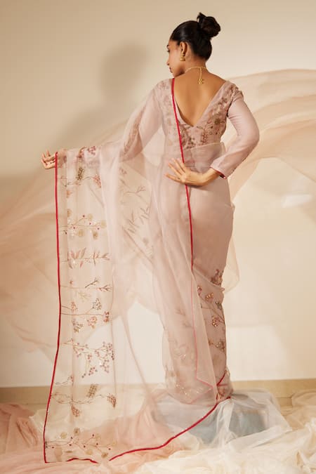 Sarang Kaur Gul Embroidered Bordered Saree With Unstitched Blouse Piece 