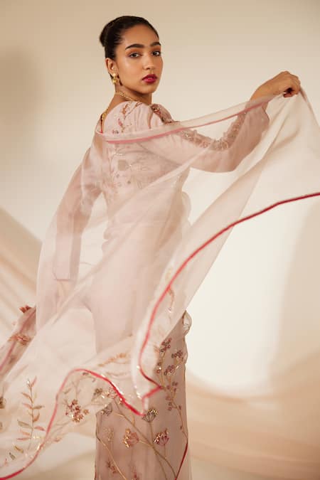 Sarang Kaur Grey Organza, Gul Embroidered Bordered Saree With Unstitched Blouse Piece Online at Aza Fashions Sarang Kaur_Grey Organza, Gul Embroidered Bordered Saree With Unstitched Blouse Piece _Online_at_Aza_Fashions