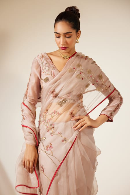 Shop Sarang Kaur Grey Organza, Gul Embroidered Bordered Saree With Unstitched Blouse Piece Online at Aza Fashions Shop_Sarang Kaur_Grey Organza, Gul Embroidered Bordered Saree With Unstitched Blouse Piece _Online_at_Aza_Fashions