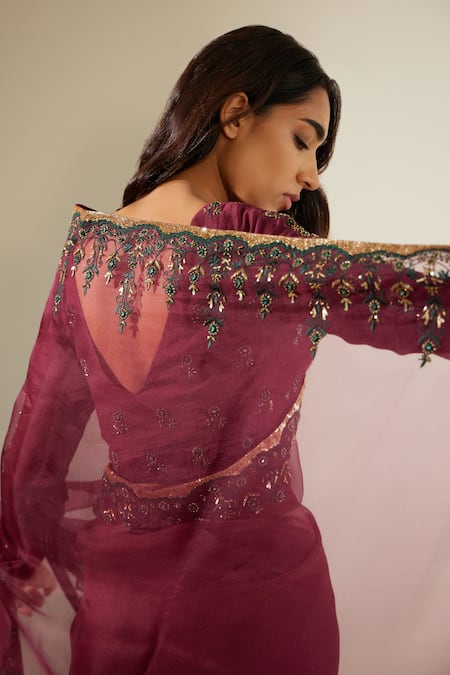 Sarang Kaur_Purple Organza, Poornima Embroidered Bordered Saree With Unstitched Blouse Piece _Online_at_Aza_Fashions