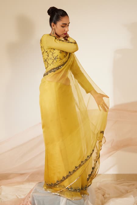 Sarang Kaur Yellow Organza, Abir Embroidered Bordered Saree With Unstitched Blouse Piece Online at Aza Fashions Sarang Kaur_Yellow Organza, Abir Embroidered Bordered Saree With Unstitched Blouse Piece _Online_at_Aza_Fashions