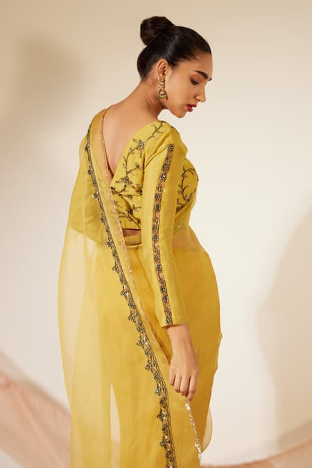 Buy Sarang Kaur Yellow Organza, Abir Embroidered Bordered Saree With Unstitched Blouse Piece Online at Aza Fashions Buy_Sarang Kaur_Yellow Organza, Abir Embroidered Bordered Saree With Unstitched Blouse Piece _Online_at_Aza_Fashions