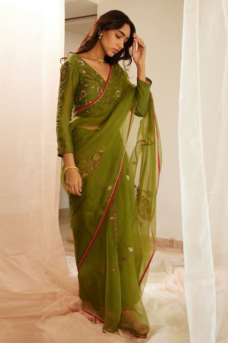Sarang Kaur Green Saree Organza Silk Hand Dhuleti Vintage With Unstitched Blouse Piece