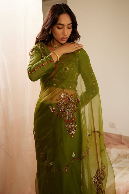 Buy Sarang Kaur Green Organza, Dhuleti Vintage Embroidered Saree With Unstitched Blouse Piece Online at Aza Fashions Buy_Sarang Kaur_Green Organza, Dhuleti Vintage Embroidered Saree With Unstitched Blouse Piece _Online_at_Aza_Fashions