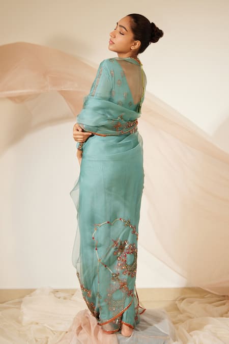 Shop Sarang Kaur Blue Organza, Chanderi Dhuleti Embroidered Saree With Unstitched Blouse Piece at Aza Fashions Shop_Sarang Kaur_Blue Organza, Chanderi Dhuleti Embroidered Saree With Unstitched Blouse Piece _at_Aza_Fashions