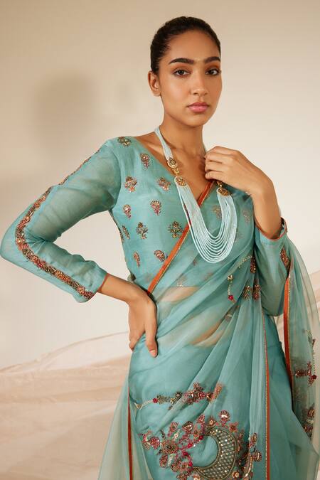 Sarang Kaur Blue Organza, Chanderi Dhuleti Embroidered Saree With Unstitched Blouse Piece Online at Aza Fashions Sarang Kaur_Blue Organza, Chanderi Dhuleti Embroidered Saree With Unstitched Blouse Piece _Online_at_Aza_Fashions