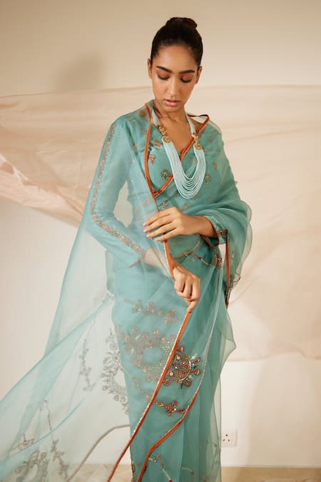 Buy Sarang Kaur Blue Organza, Chanderi Dhuleti Embroidered Saree With Unstitched Blouse Piece Online at Aza Fashions Buy_Sarang Kaur_Blue Organza, Chanderi Dhuleti Embroidered Saree With Unstitched Blouse Piece _Online_at_Aza_Fashions