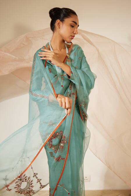 Shop Sarang Kaur Blue Organza, Chanderi Dhuleti Embroidered Saree With Unstitched Blouse Piece Online at Aza Fashions Shop_Sarang Kaur_Blue Organza, Chanderi Dhuleti Embroidered Saree With Unstitched Blouse Piece _Online_at_Aza_Fashions