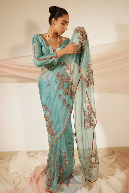 Sarang Kaur Blue Organza, Chanderi Dhuleti Embroidered Saree With Unstitched Blouse Piece at Aza Fashions Sarang Kaur_Blue Organza, Chanderi Dhuleti Embroidered Saree With Unstitched Blouse Piece _at_Aza_Fashions