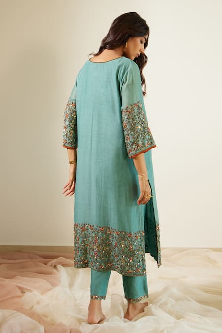 Shop Sarang Kaur Blue Chanderi Silk Sequins, Beads, Embroidery V-neck A-line Kurta And Pant Set at Aza Fashions Shop_Sarang Kaur_Blue Chanderi Silk Sequins, Beads, Embroidery V-neck A-line Kurta And Pant Set _at_Aza_Fashions