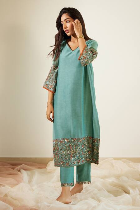 Buy Sarang Kaur Blue Chanderi Silk Sequins, Beads, Embroidery V-neck A-line Kurta And Pant Set Online at Aza Fashions Buy_Sarang Kaur_Blue Chanderi Silk Sequins, Beads, Embroidery V-neck A-line Kurta And Pant Set _Online_at_Aza_Fashions