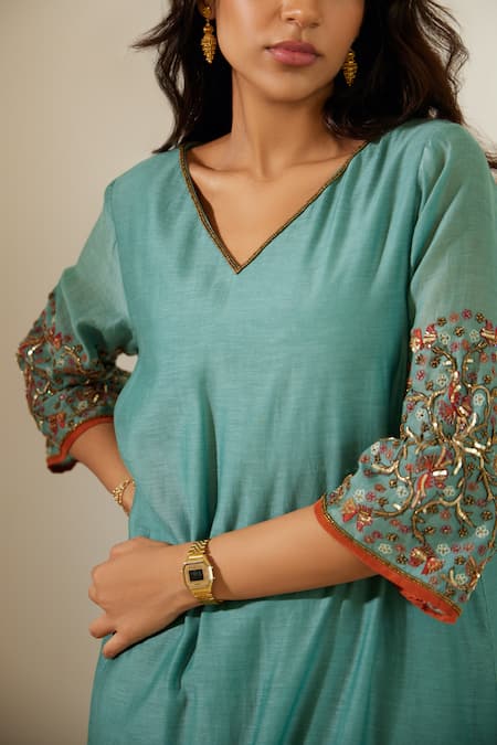 Shop Sarang Kaur Blue Chanderi Silk Sequins, Beads, Embroidery V-neck A-line Kurta And Pant Set Online at Aza Fashions Shop_Sarang Kaur_Blue Chanderi Silk Sequins, Beads, Embroidery V-neck A-line Kurta And Pant Set _Online_at_Aza_Fashions