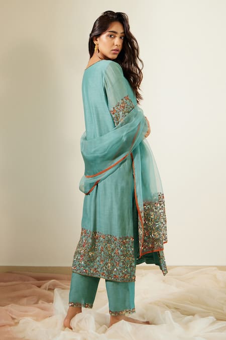 Shop Sarang Kaur Blue Organza, Silk Sequins, Beads, Embroidery Bloom Hem Dupatta at Aza Fashions Shop_Sarang Kaur_Blue Organza, Silk Sequins, Beads, Embroidery Bloom Hem Dupatta _at_Aza_Fashions