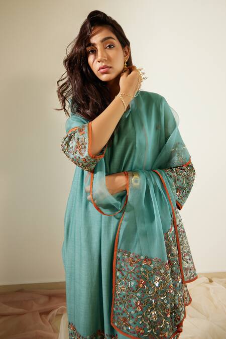 Buy Sarang Kaur Blue Organza, Silk Sequins, Beads, Embroidery Bloom Hem Dupatta Online at Aza Fashions Buy_Sarang Kaur_Blue Organza, Silk Sequins, Beads, Embroidery Bloom Hem Dupatta _Online_at_Aza_Fashions
