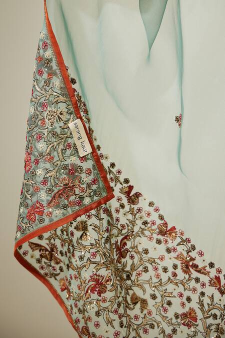 Shop Sarang Kaur Blue Organza, Silk Sequins, Beads, Embroidery Bloom Hem Dupatta Online at Aza Fashions Shop_Sarang Kaur_Blue Organza, Silk Sequins, Beads, Embroidery Bloom Hem Dupatta _Online_at_Aza_Fashions