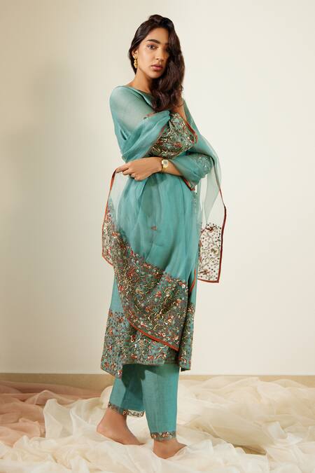 Sarang Kaur Blue Organza, Silk Sequins, Beads, Embroidery Bloom Hem Dupatta at Aza Fashions Sarang Kaur_Blue Organza, Silk Sequins, Beads, Embroidery Bloom Hem Dupatta _at_Aza_Fashions