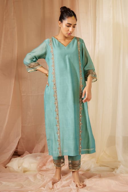 Sarang Kaur Blue Chanderi Silk Sequins, Beads, Embroidery V-neck Floral Kurta And Pant Set Online at Aza Fashions Sarang Kaur_Blue Chanderi Silk Sequins, Beads, Embroidery V-neck Floral Kurta And Pant Set _Online_at_Aza_Fashions