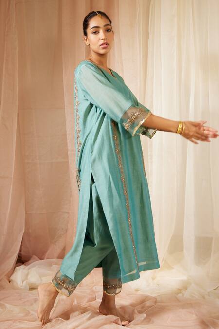 Buy Sarang Kaur Blue Chanderi Silk Sequins, Beads, Embroidery V-neck Floral Kurta And Pant Set Online at Aza Fashions Buy_Sarang Kaur_Blue Chanderi Silk Sequins, Beads, Embroidery V-neck Floral Kurta And Pant Set _Online_at_Aza_Fashions