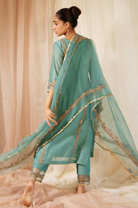 Shop_Sarang Kaur_Blue Organza, Silk Sequins, Beads Embroidered Dupatta _at_Aza_Fashions