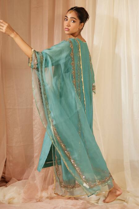 Sarang Kaur_Blue Organza, Silk Sequins, Beads Embroidered Dupatta _Online_at_Aza_Fashions