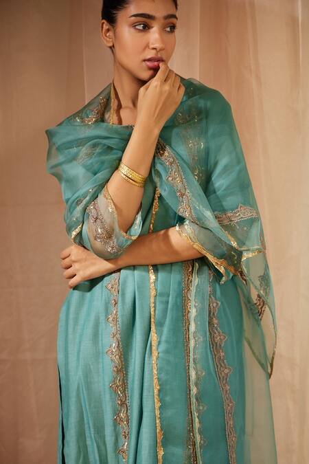 Shop_Sarang Kaur_Blue Organza, Silk Sequins, Beads Embroidered Dupatta _Online_at_Aza_Fashions