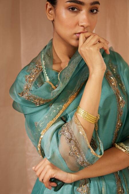 Sarang Kaur_Blue Organza, Silk Sequins, Beads Embroidered Dupatta _at_Aza_Fashions