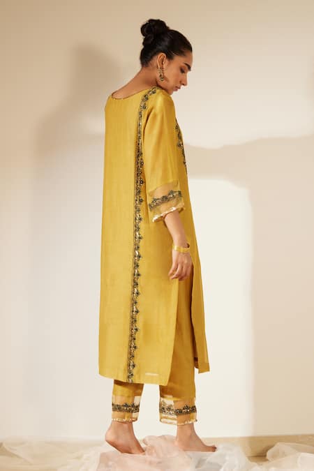 Shop Sarang Kaur Blue Chanderi Silk Sequins, Beads, Floral Work Straight Kurta And Pant Set at Aza Fashions Shop_Sarang Kaur_Blue Chanderi Silk Sequins, Beads, Floral Work Straight Kurta And Pant Set _at_Aza_Fashions