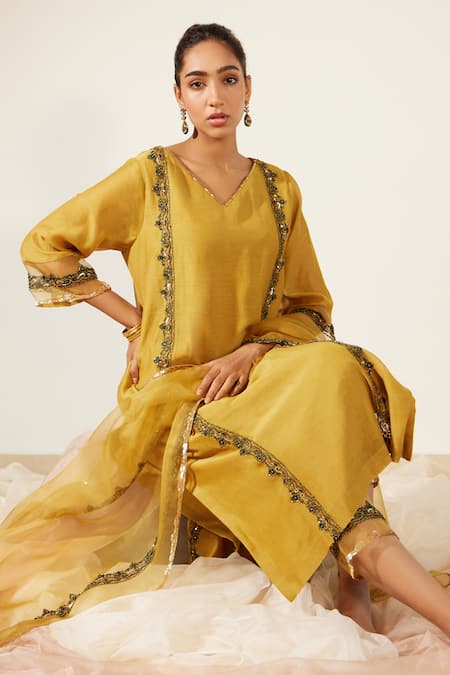 Sarang Kaur Blue Chanderi Silk Sequins, Beads, Floral Work Straight Kurta And Pant Set Online at Aza Fashions Sarang Kaur_Blue Chanderi Silk Sequins, Beads, Floral Work Straight Kurta And Pant Set _Online_at_Aza_Fashions